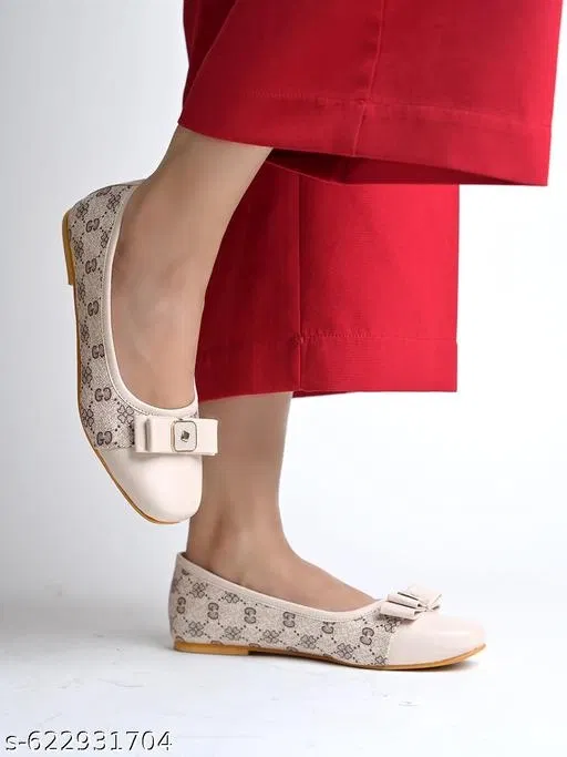 Printed Synthetic Ballerinas for Women (Cream, IND-5)