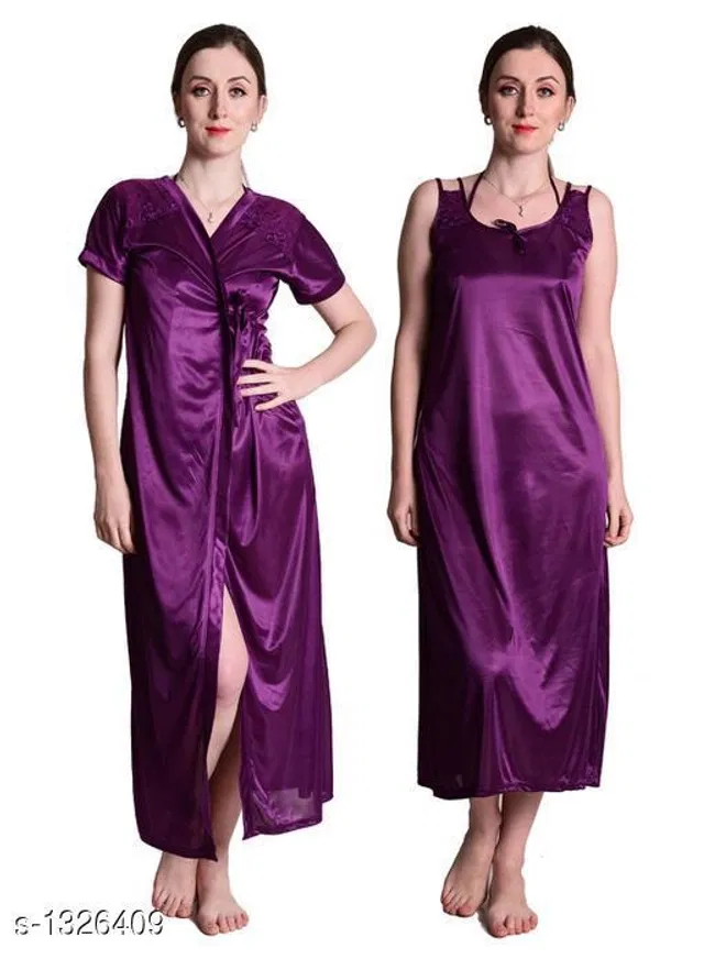 Satin Nightdress Set for Women (Purple, M)