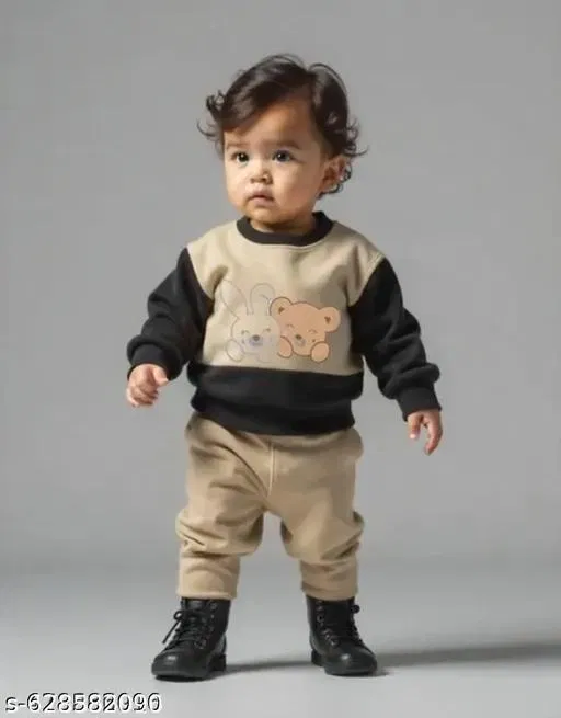 Hosiery Cotton Printed Clothing Set for Kids, Black & Beige (6-9 Months)