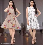 Crepe Printed Flared Dress for Women 