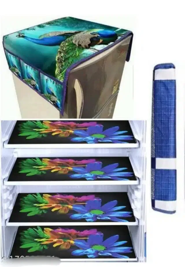 Knit Printed Fridge 4 Pcs Mat with Handle & Top Cover (Multicolor, Set of 1)