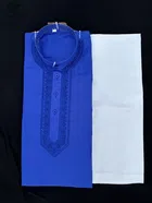 Cotton Full Sleeves Embroidered Kurta Set for Men (Royal Blue & White, M)