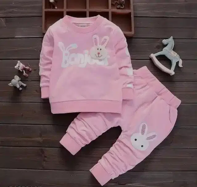 Hosiery Printed Top & Bottom Set for Kids (Pink, 12-18 Months)