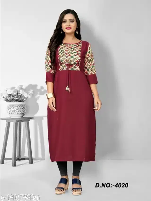 Cotton Blend Printed Kurti for Women (Maroon, 5XL)