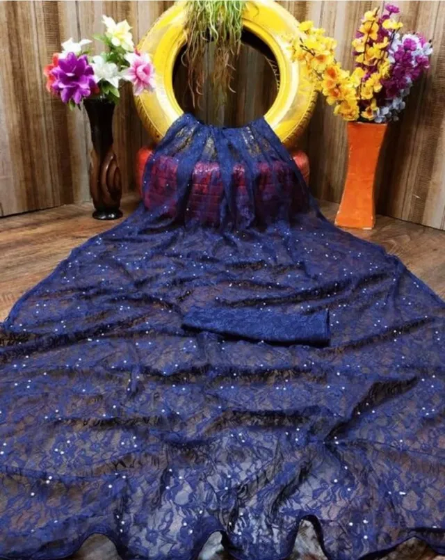 Net Solid Saree for Women (Navy Blue, 6.3 m)