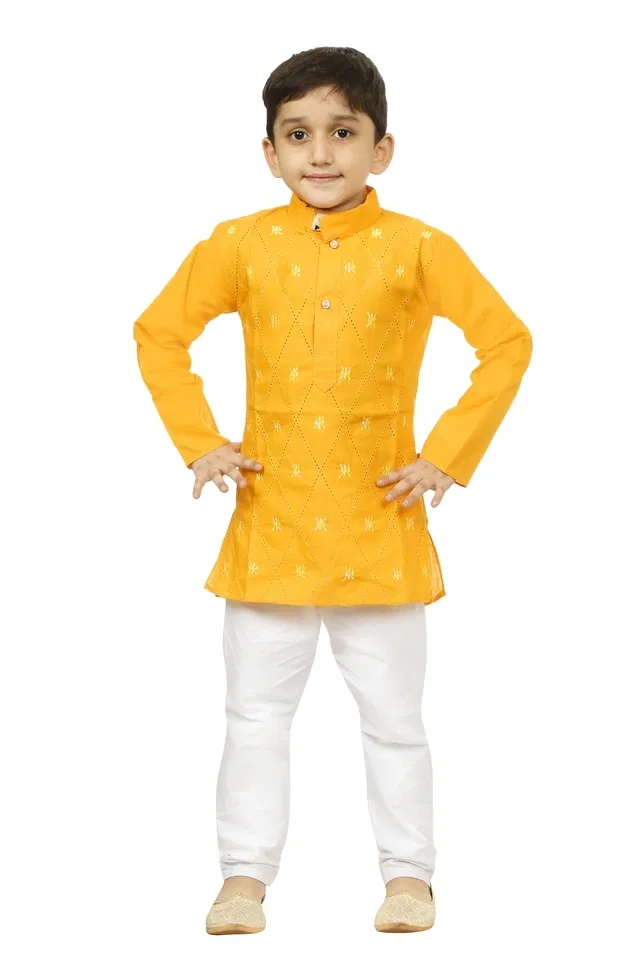 Cotton Blend Printed Kurta with Payjama for Boys, Yellow & White (7-8 Years)