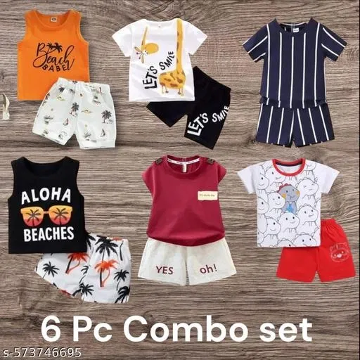 Hosiery Cotton Printed Clothing Set for Kids, Multicolor, Pack of 6 (6-9 Months)