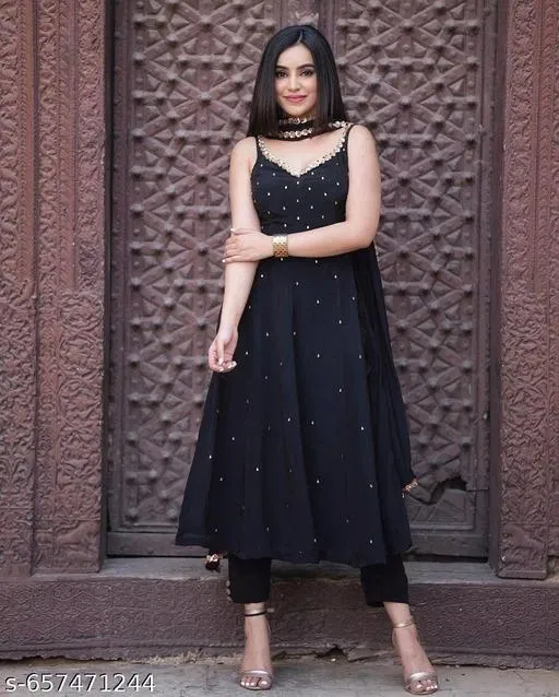 Georgette Embroidered Kurta & Paint & Dupatta Set For Womens, Black (M)