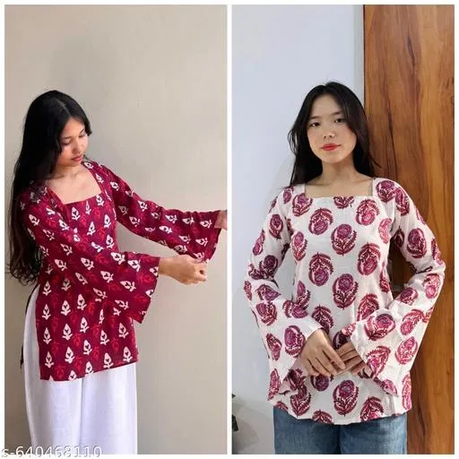 Floral Viscose Rayon Kurti for Women, Pack of 2 (Pink, L)