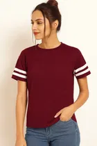Women's Casual Wear Striped sleeves Regular Fit T-shirt Wine Style-4 