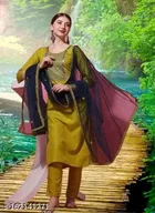 Cotton Blend Embroidered Kurta with Pant & Dupatta for Women 