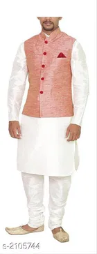 Banarasi Dupion Silk Solid Kurta with Pyjama & Jacket for Men 