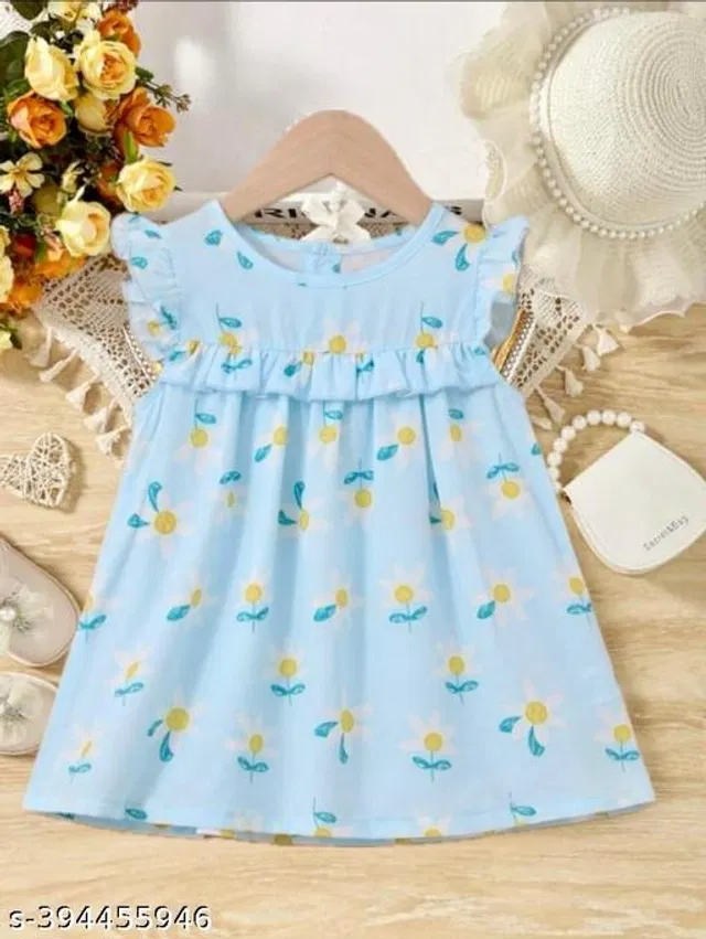 Cotton Blend Frock for Girls (Sky Blue, 2-3 Years)