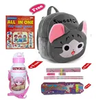 Combo of Kids Cartoon Bag Backpack, All In One Book, Water Bottle & Gift Set Geometry Set 