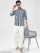 Cotton Striped Shirts for Men, Navy Blue 