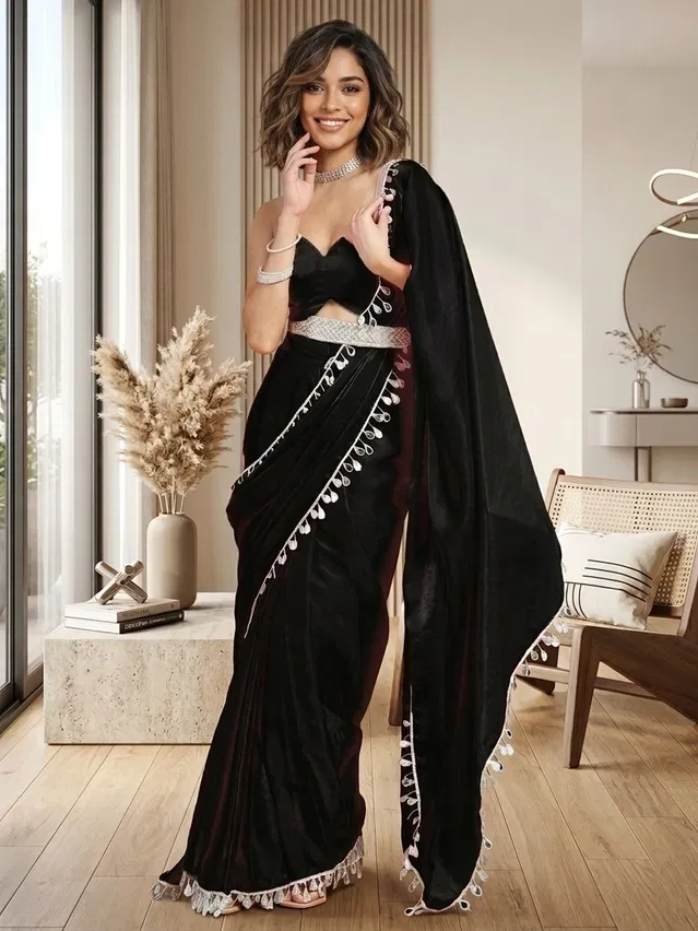 Bollywood Black Satin Solid Lace Border Saree for Women