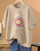 Cotton Blend Printed T-shirt for Women, Beige 