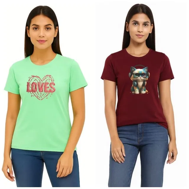Cotton Blend T-shirt for Women, Maroon & Green, Pack of 2 (XL)