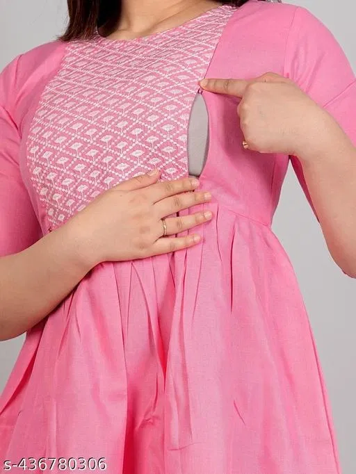 Cotton Embroidered Floral Kurti for Women (Pink, M)