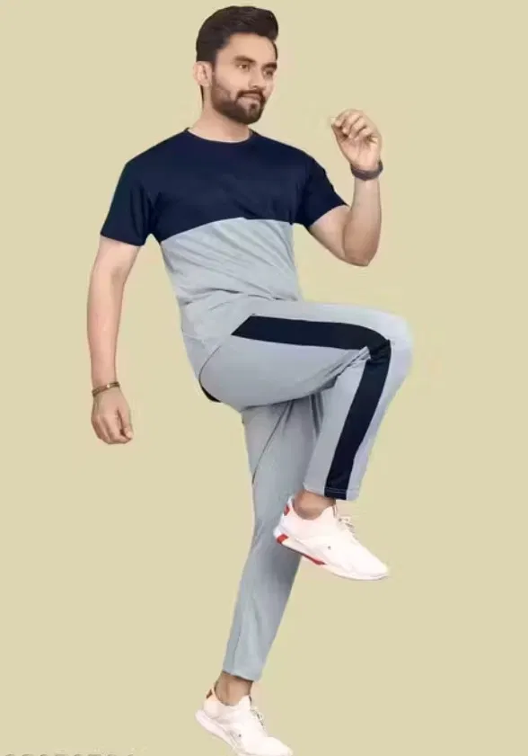 Cotton Blend Printed Tracksuit for Men, Black & Grey (XXL)