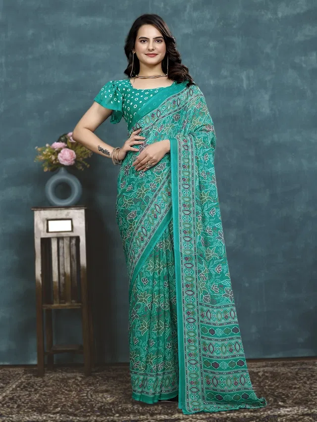 Georgette Printed Saree for Women (Teal, 6.3 m)