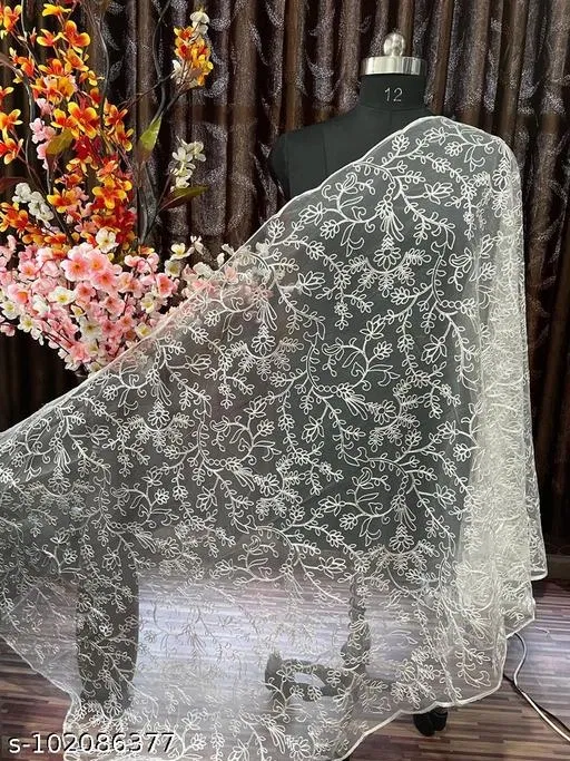 Floral Embroidered Net Dupatta for Women (White, Free Size)