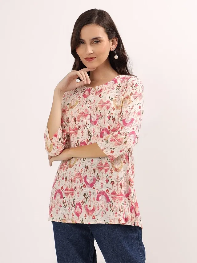 Womens Ikkat Print Short Kurti (Pink M)