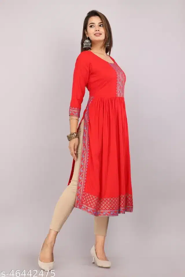 Naira Cut Rayon Solid Kurti for Women (Red, S)
