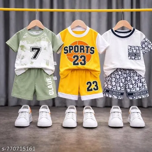 Printed Cotton T-Shirt & Shorts Set for Boys, Pack of 3 (Multicolor, 6-9 Months)