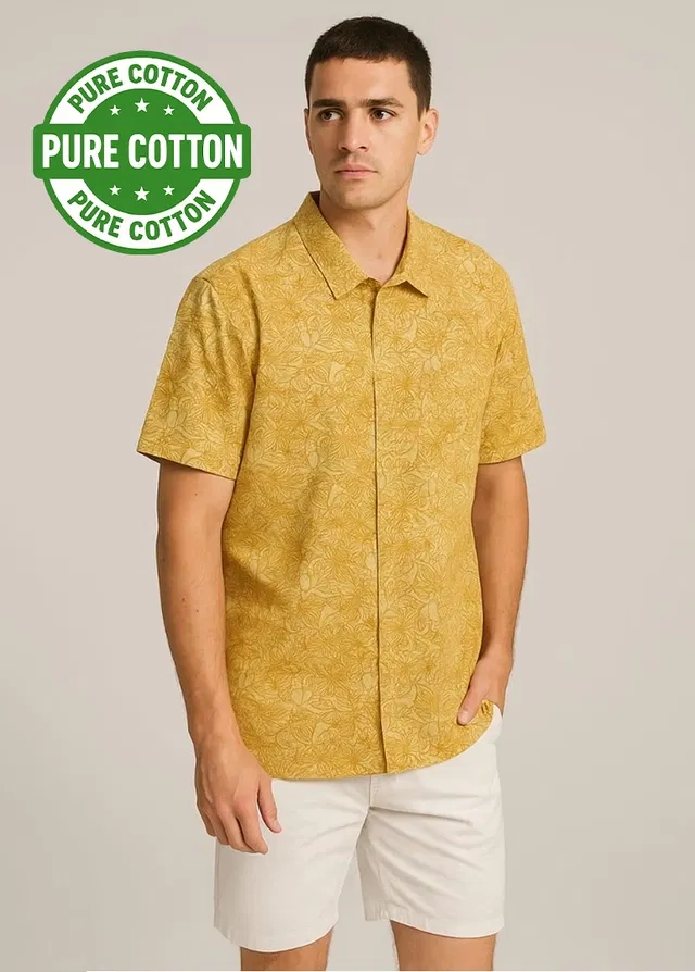 100% Cotton Half Sleeves Printed Shirt for Men (Yellow, XL)