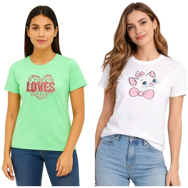 Cotton Blend T-shirt for Women, Green & White, Pack of 2 (L)
