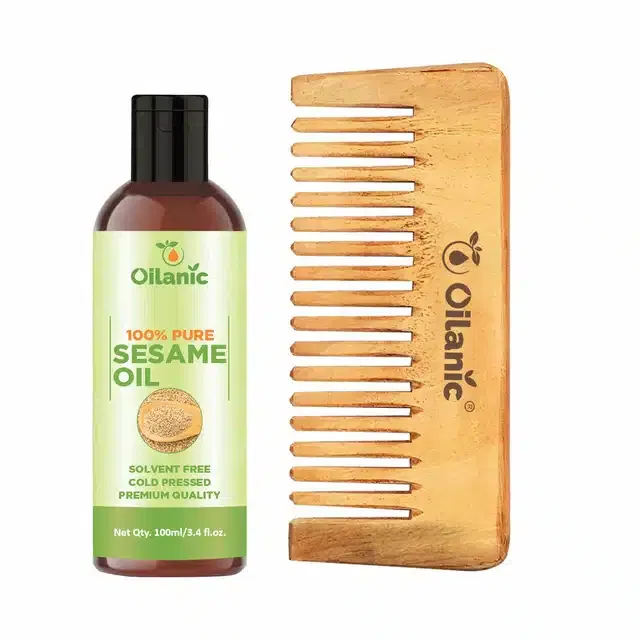 Natural Sesame Oil (100 ml) & Herbal Handmade Neem Wooden Comb (5.5 inches) Combo (Pack of 2)