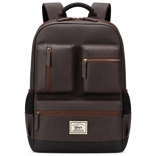 Gear Vintage Boxy, 26L Water Resistant Faux Leather Laptop Backpack for Men & Women, Brown Black