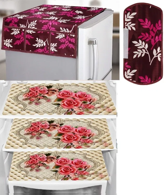 PVC Printed Fridge Top Cover with 3 Pcs Shelf Mats & Handle Cover (Multicolor, Set of 1)