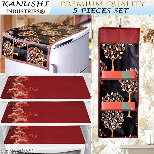 KANUSHI Industries® 1 Pc Fridge Cover for Top with 6 Utility Pockets (Brown Color)+ 3 Fridge Mats+1 Magazine holder (RK-FRI+M-11+MGZ-HOLDER-BROWN-TREE)…