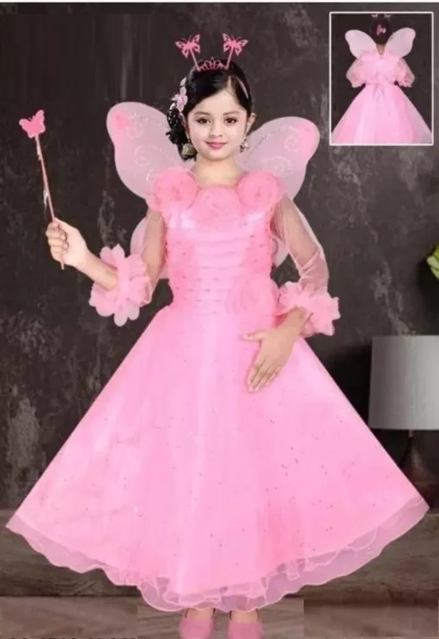 Cotton Blend Solid Pari Style Frock for Girls (Pink, 1-2 Years)