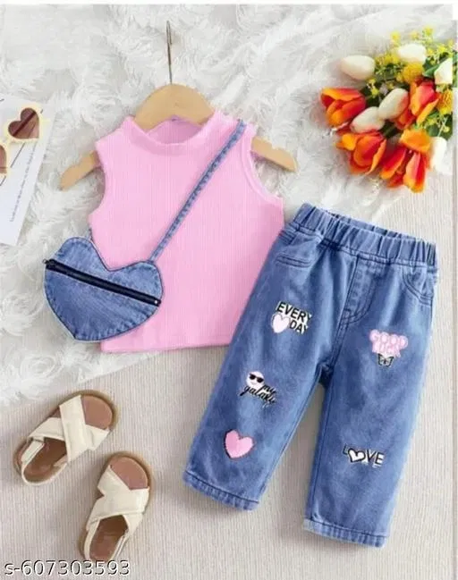Hosiery Cotton & Denim Printed Clothing Set for Kids, Pink & Blue (0-2 Months)