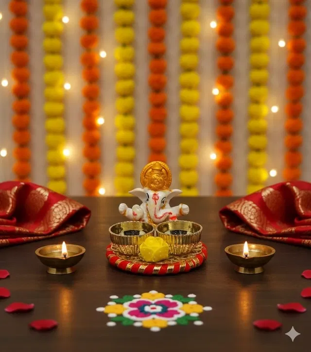 Metal Decoretive Pooja Thali, Multicolour Pack of 1