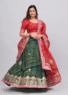 Kota Doriya Bandhani Semi Stitched Lehenga with Choli & Dupatta for Women (Red & Green)