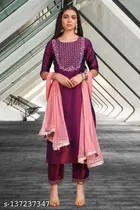 Viscose Rayon Embroidered Kurta with Pant & Dupatta for Women 
