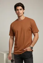 Polyester Round Neck T-shirt for Men, Brown 