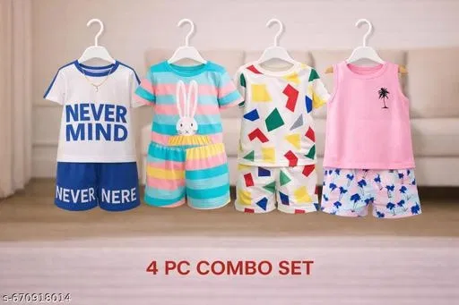 Hosiery Cotton Printed Clothing Set for Kids, Multicolor, Pack of 4 (18-24 Months)