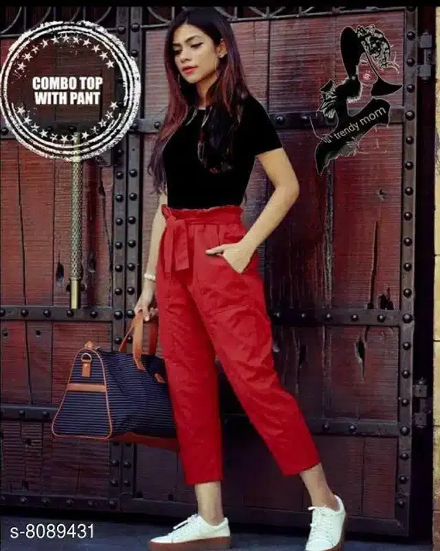 Half Sleeves Top & Bottom Set for Women (Black & Red, 28)