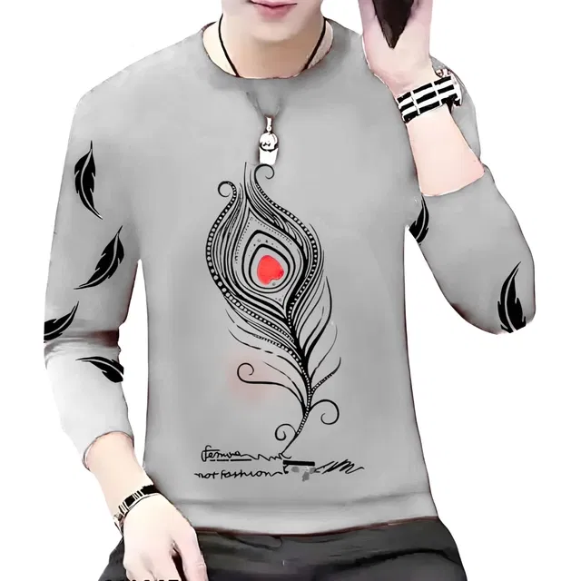 Round Neck Printed T-Shirt for Men (Grey, L)
