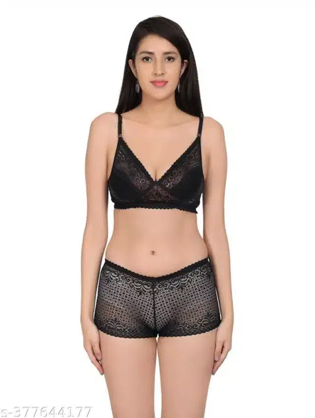 Polycotton Bra with Panty for Women (Black, 38A)