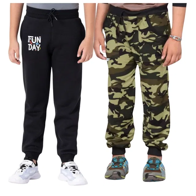 Cotton Blend Regular Fit Trackpants for Boys & Girls (Black & Green, 10-11 Years) (Pack of 2)