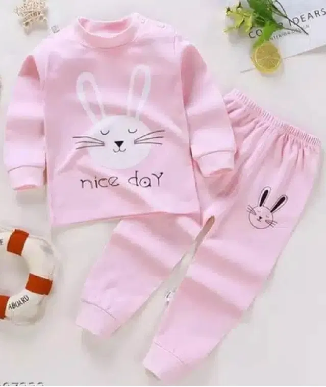 Hosiery Printed Top & Bottom Set for Kids (Pink, 1-2 Years)