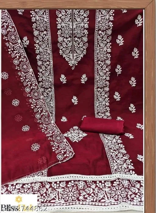 Embroidered Floral Patiala Suits for Women (Red, Un Stitched)