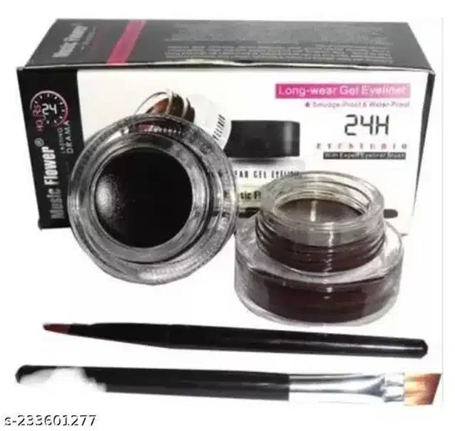Waterproof Eye Liner Gel with Brushes (Black, Set of 2)