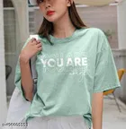 Cotton Blend Printed T-shirt for Women, Light Green 